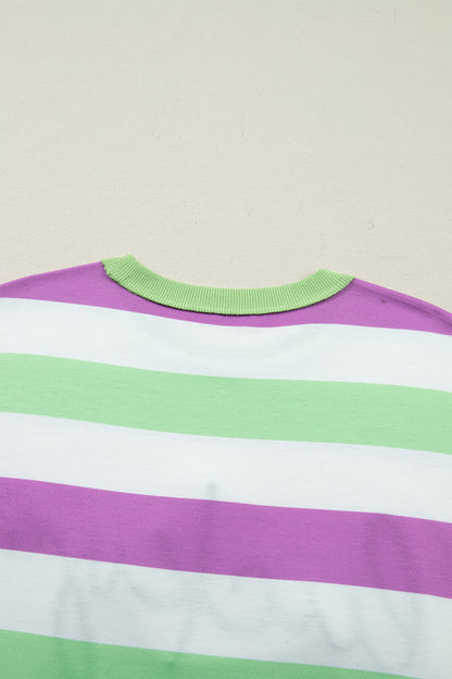 Green Stripe Lucky Clover Embroidered Graphic Dolman Loose Tee