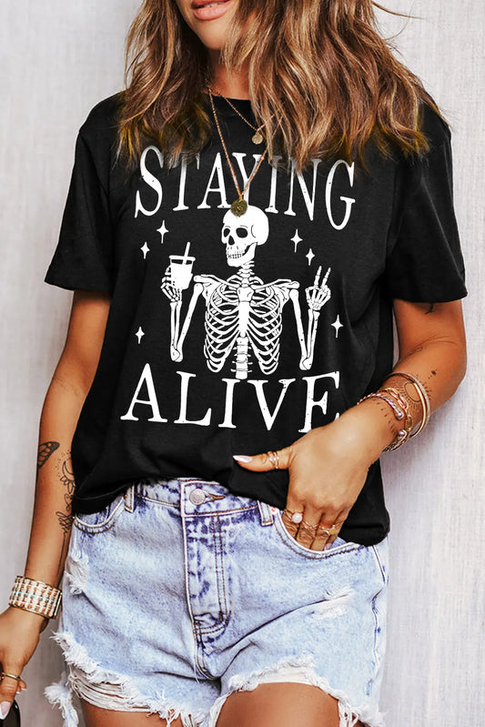 Staying Alive Graphic Round Neck Short Sleeve T-Shirt