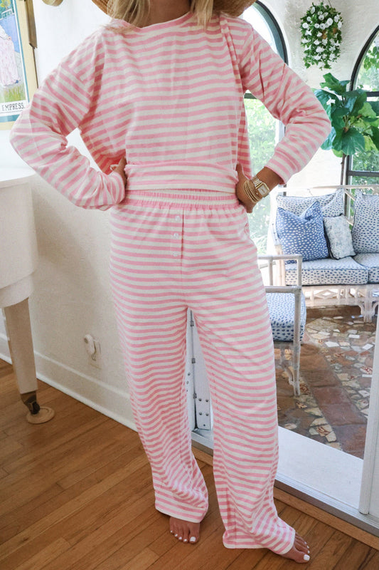 Pink Stripe Drop Shoulder Round Neck Top and Buttoned Straight Pants Two Piece Set