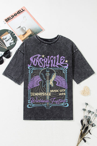 Black Vintage Nashville Tennessee Graphic Mineral Washed Plus Size Tee