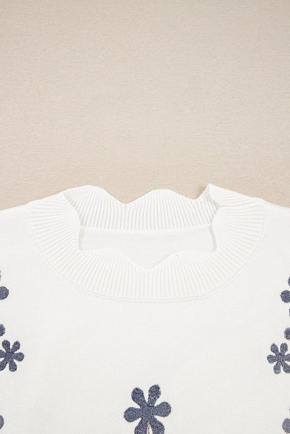 White Floral Embroidered Scallop Hem Cropped Sweater