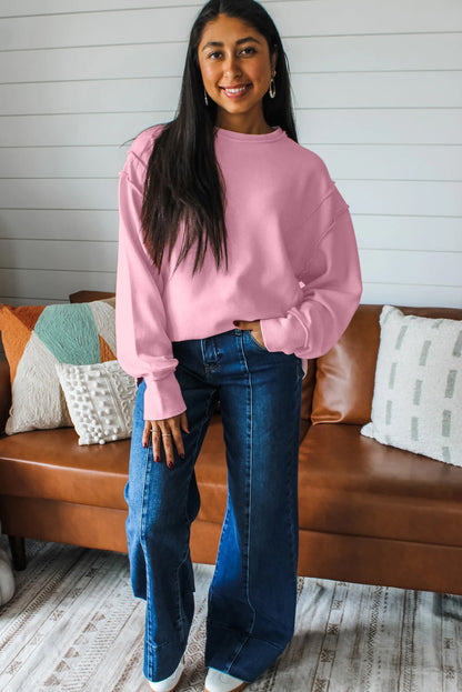 Pink Horizontal Ribbed Exposed Seam Detail Drop Shoulder Baggy Pullover