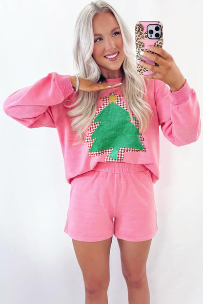 Sachet Pink Plaid Contrasted Double Christmas Tree Patched Raglan Sleeve Pullover 2pcs Short Set