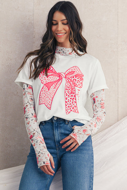 White Leopard Bowknot Graphic Crew Neck Tee