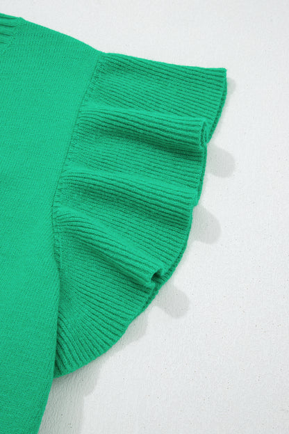 Beau Blue Solid Color Ribbed Trim Round Neck Ruffle Short Sleeve Sweater