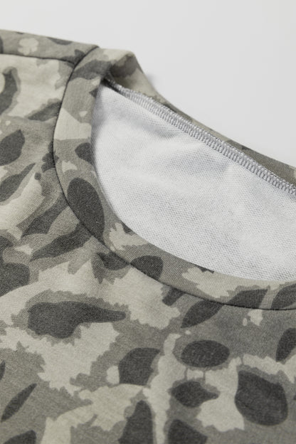 Brown Leopard Print Raw Seam Patchwork Pullover Drawstring Loose Pant Set