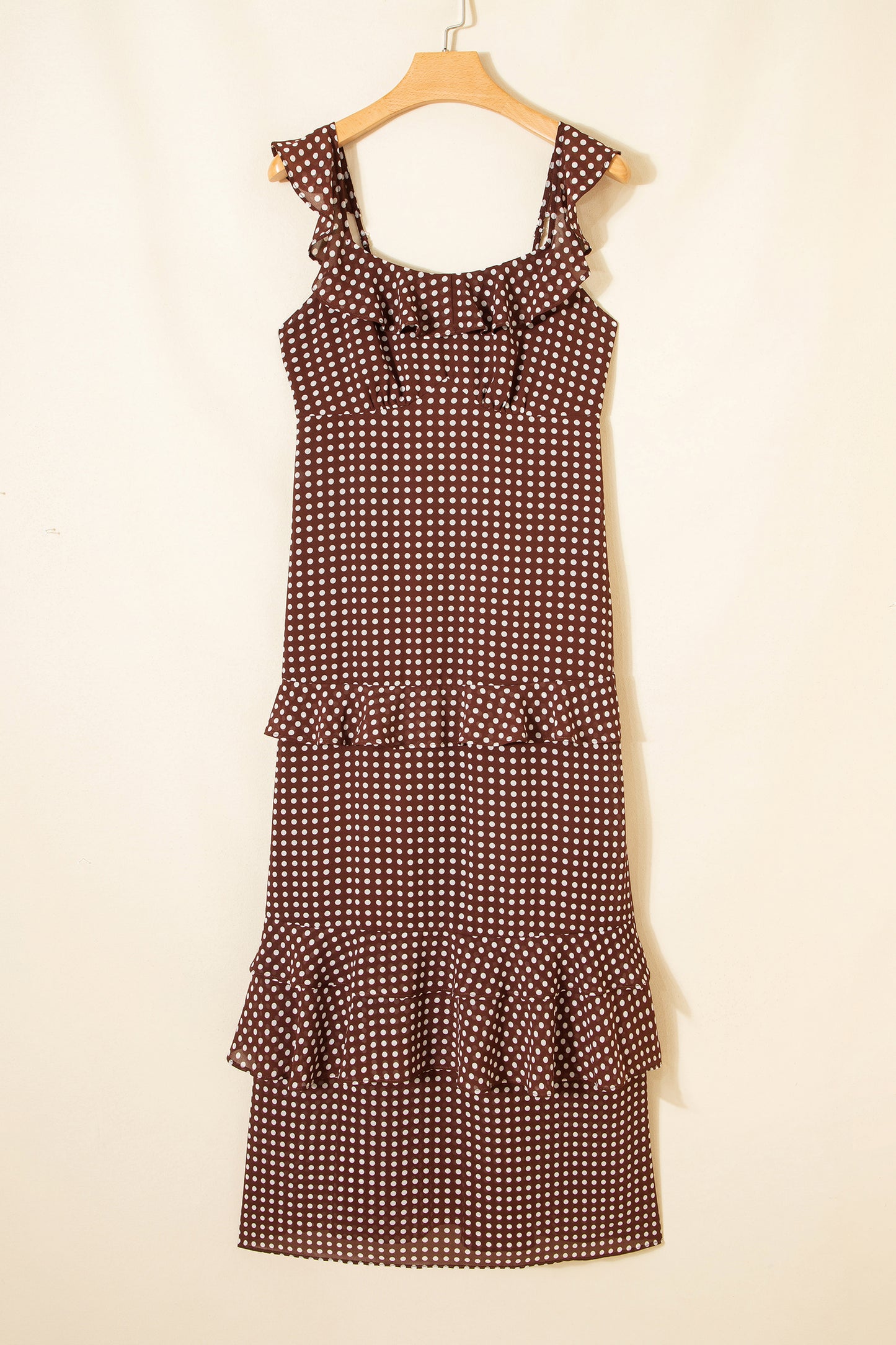 Coffee Polka Dot Print Backless Ruffled Tiered Maxi Dress