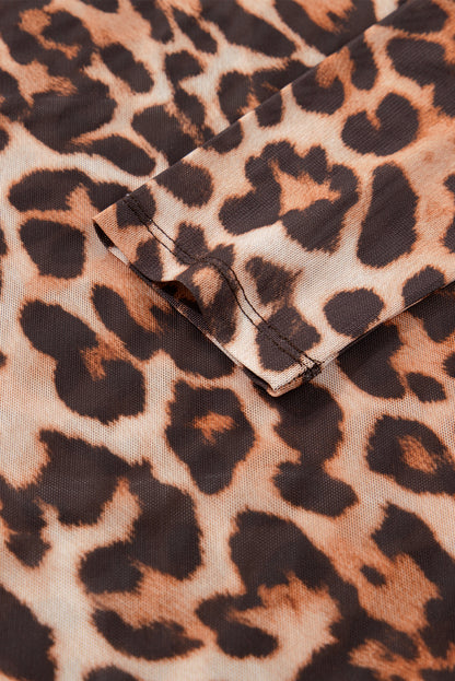 Brown Leopard Mock Neck Long Sleeve Mesh Top