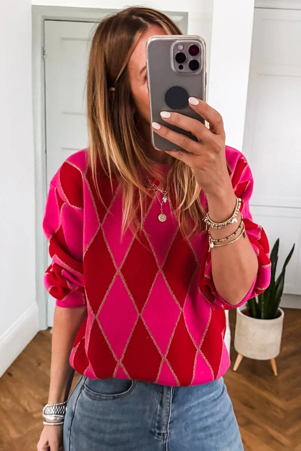 Rose Red Glitter Rhombus Pattern Knit Womens Casual Sweater