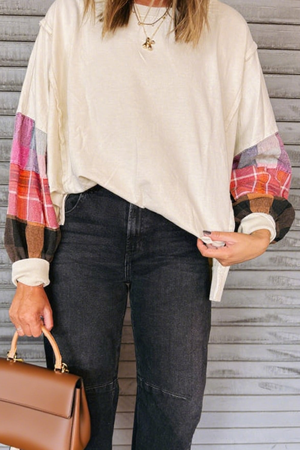 Beige Contrast Plaid Long Sleeve Exposed Seam Patchwork Top