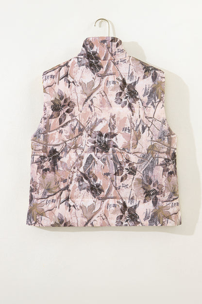 Gray Camo Leaf Print Winter Puffer Vest
