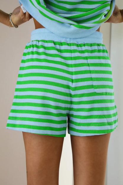 Green Stripe Puff Short Sleeve T Shirt Matching Shorts Set