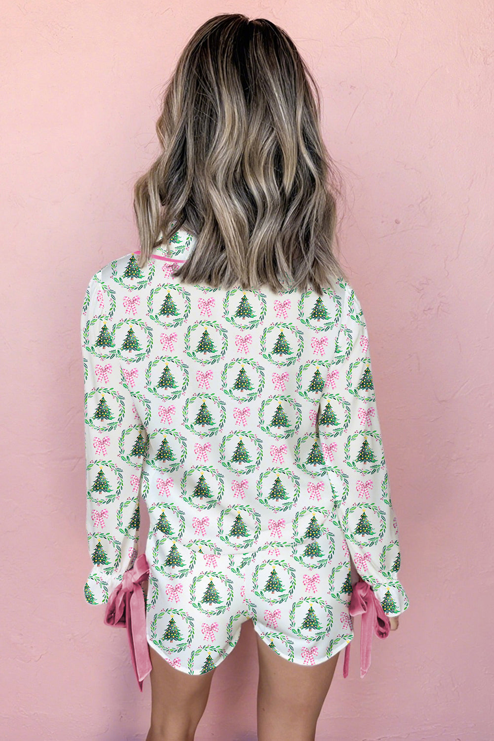 Green Christmas Fashion Print Velvet Trim Bow Knot Pajama 2pcs Short Set