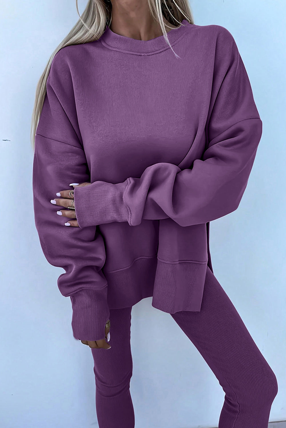Orchid Mist Solid Color Oversized Slit Sweatshirt Ribbed Leggings Set