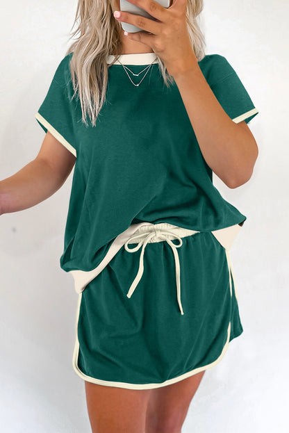 Bonbon Colorblock Edge Drop Shoulder T Shirt and Skort 2Pcs Set