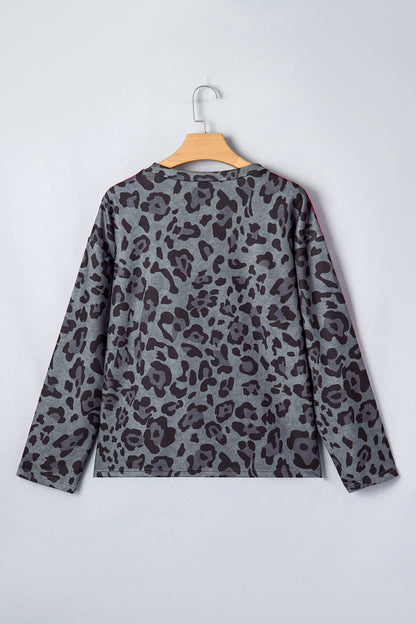 Gray Leopard Print Varsity Striped Trim Long Sleeve Top
