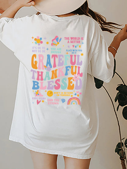 Grateful Thankful Blessed Graphic Round Neck Short Sleeve T-Shirt