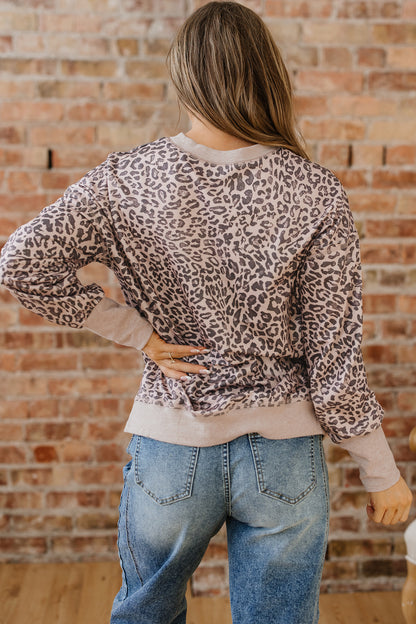 Khaki Leopard Print Patchwork Crew Neck Sweatshirt
