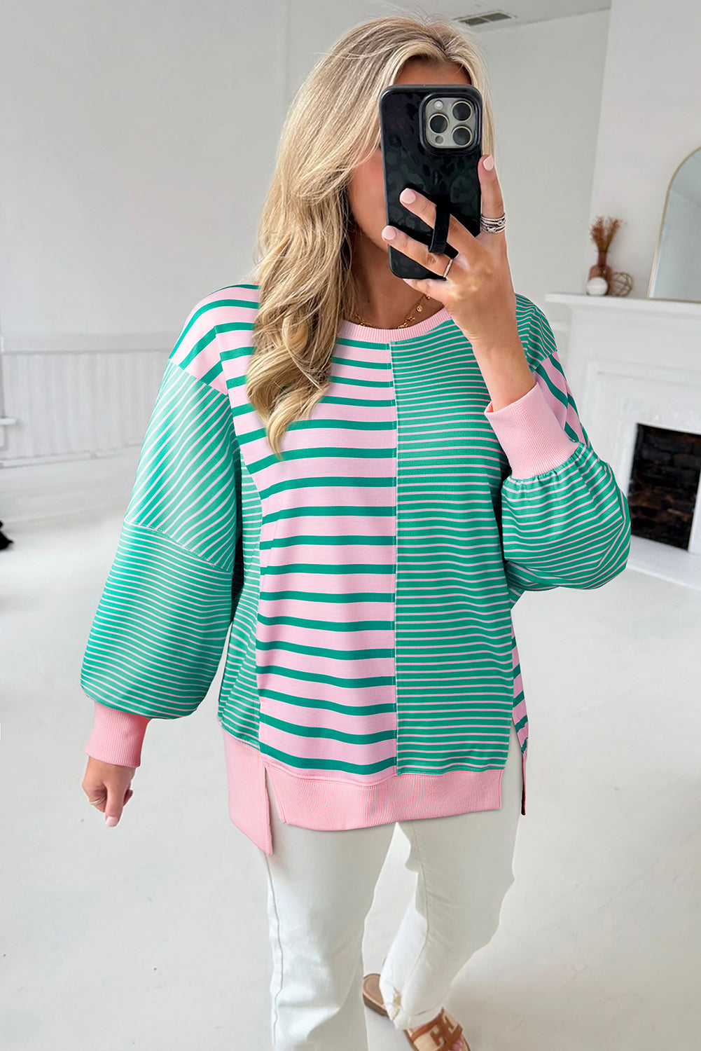 Green Stripe Mix Pattern Color Block Patchwork Side Slit Baggy Sweatshirt