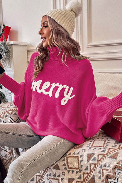 Racing Red Valentine LOVE Letter Embroidered High Neck Sweater