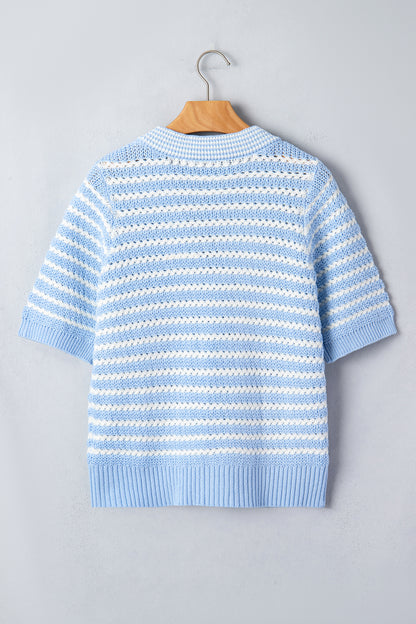 Green Stripe Short Sleeve Knit V Neck Bow Knot Sweater