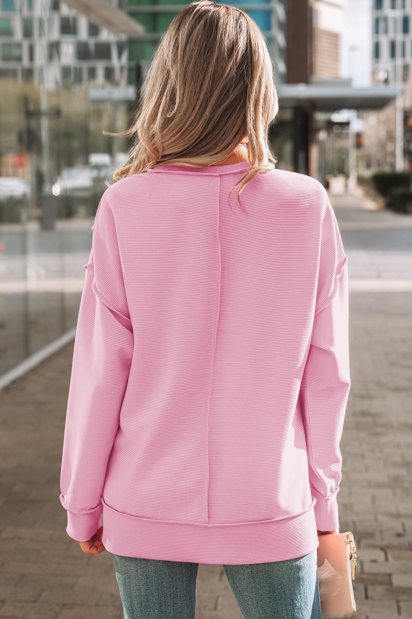 Pink Horizontal Ribbed Exposed Seam Detail Drop Shoulder Baggy Pullover