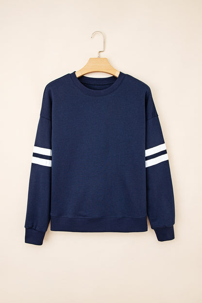 Navy Blue Varsity Striped Detail Drop Shoulder Oversized Sweatshirt