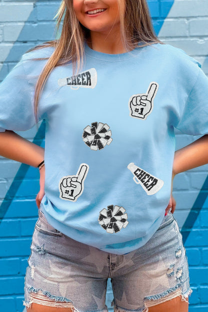 Light Blue Cheer Game Day Element Sequin Patched T Shirt