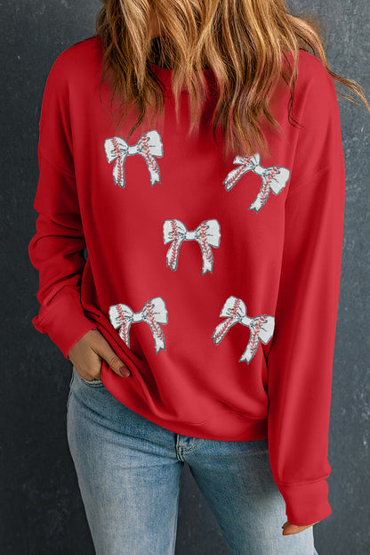 Red Baseball Bow Sequins Patch Graphic Plus Size Sweatshirt