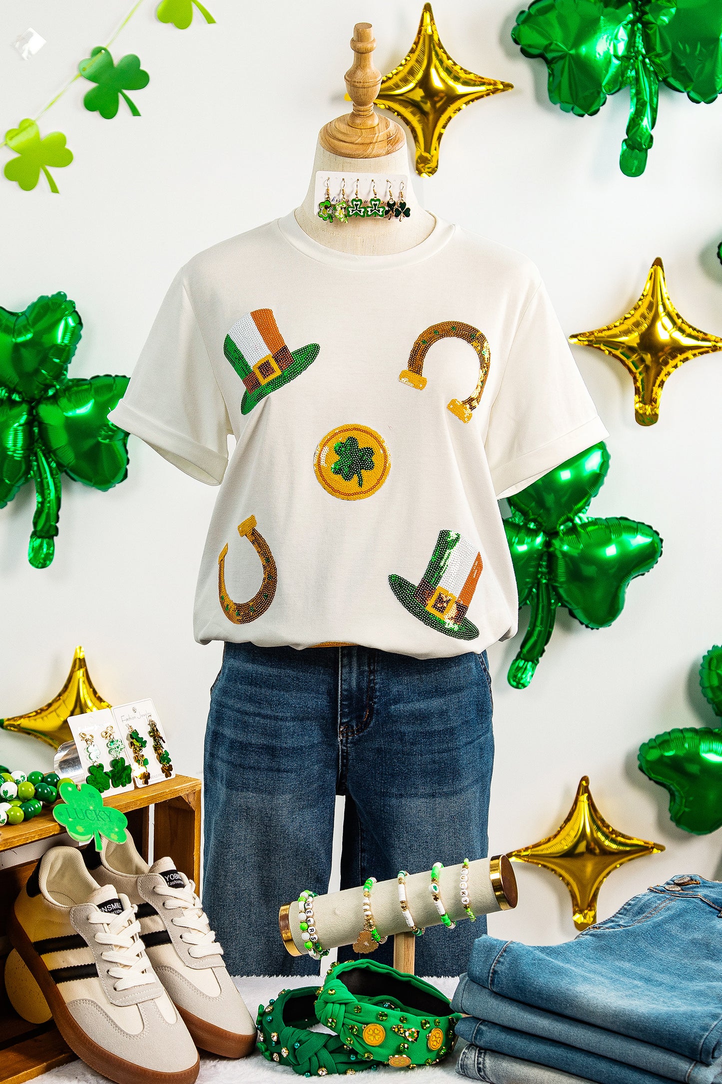 White St Patricks Day Sequin Graphic Casual T Shirt