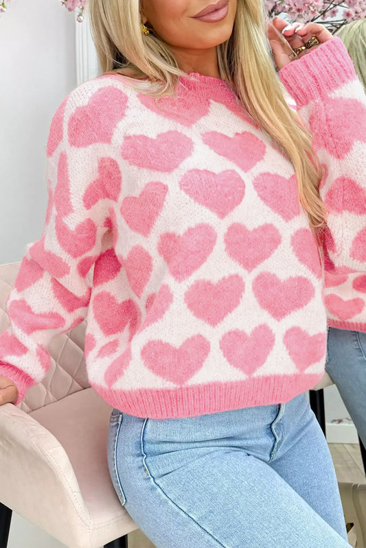 Strawberry Pink Valentine Heart Print Knit Sweater