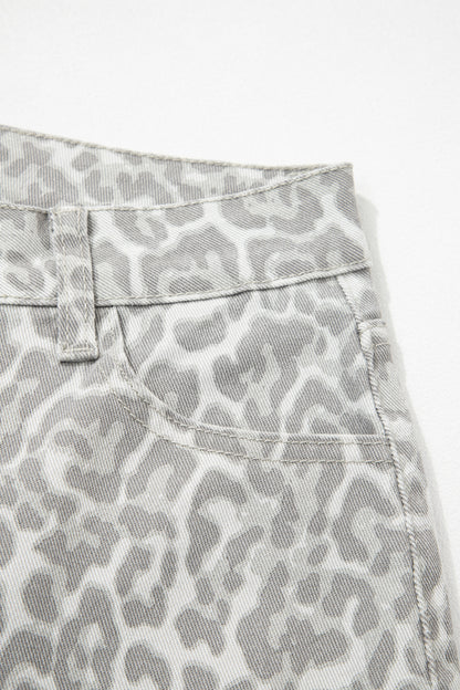 Sky Blue Leopard Frayed Edge Wide Leg High Waist Jeans