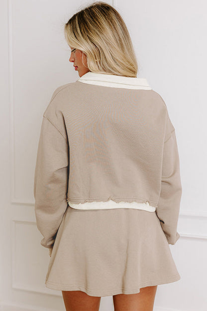 Parchment Raw Edge Detail Patchwork Cropped Pullover Drawstring Skirt Set