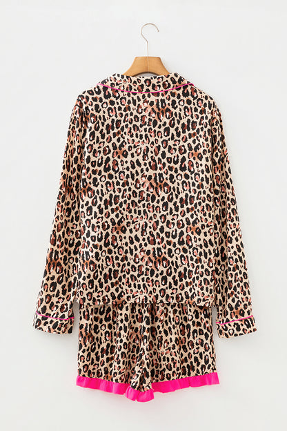 Light French Beige Leopard Print Contrast Trim Long Sleeve Shirt Drawstring Ruffle Hem Short Set