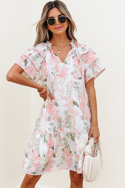 Orange Floral Contrast Edge Layered Short Sleeve Mini Dress
