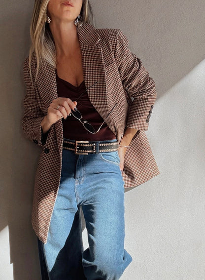 Brown Houndstooth Lapel Collar Blazer