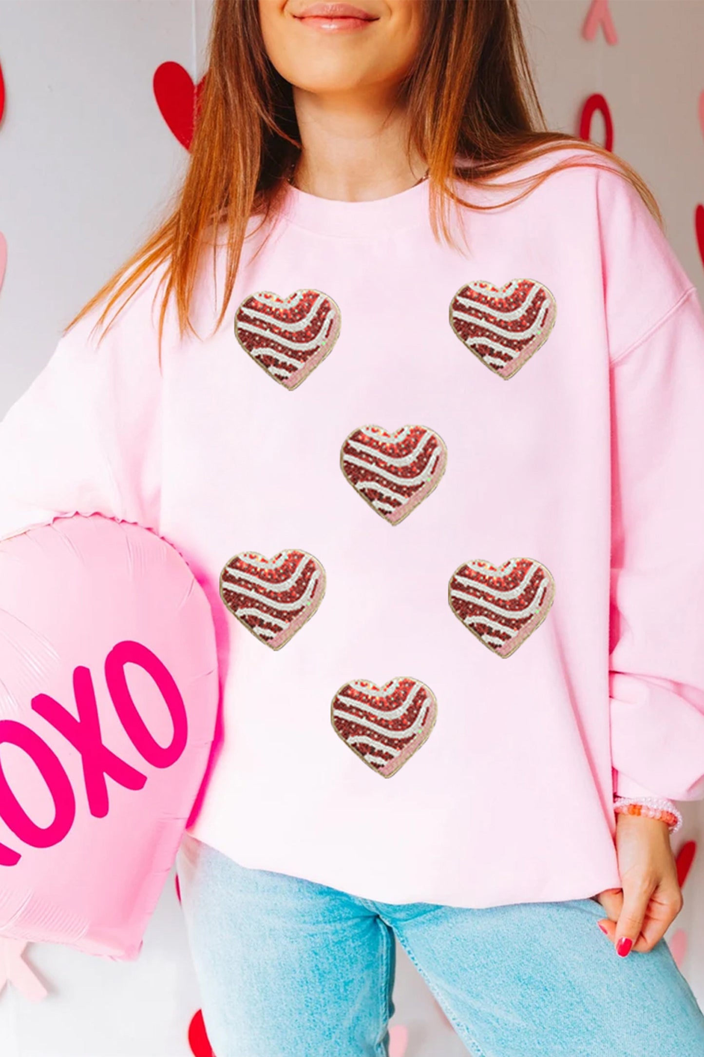 Pink Sequined Valentine Heart Print Round Neck Sweatshirt