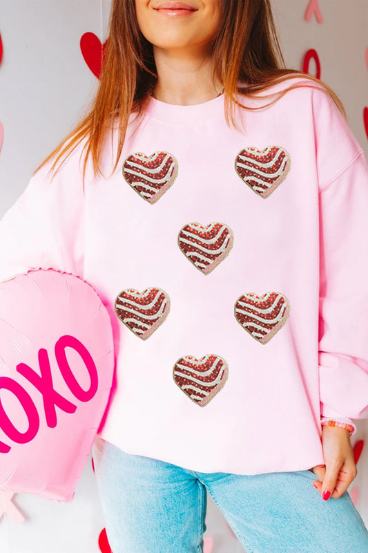 Pink Sequined Valentine Heart Print Round Neck Sweatshirt