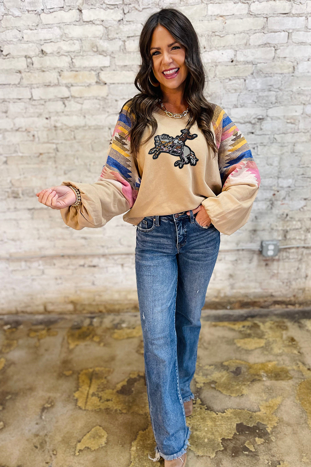 Light French Beige Rodeo Sequins Patch Graphic Fashion Sweatshirt