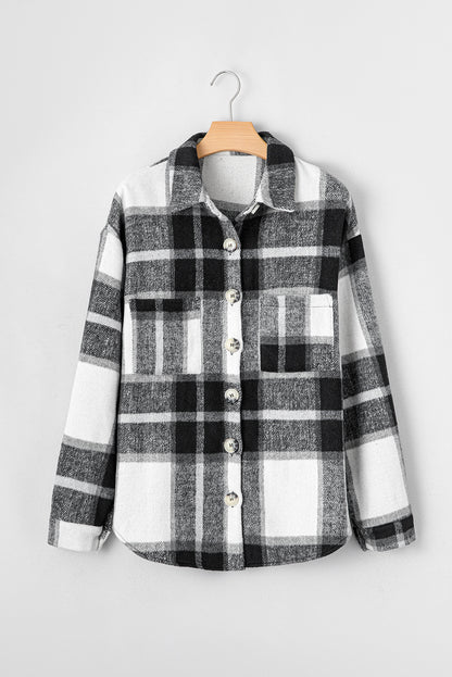 Pink Plaid Color Block Buttoned Long Sleeve Jacket with Pocket