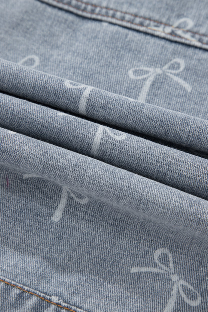 Sky Blue Bow Print Light Wash Raw Hem Denim Jacket