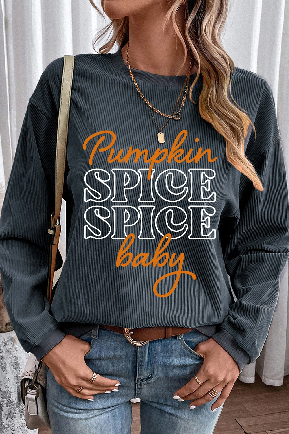 Pumpkin Spice Letter Graphic Round Neck Long Sleeve Sweatshirt