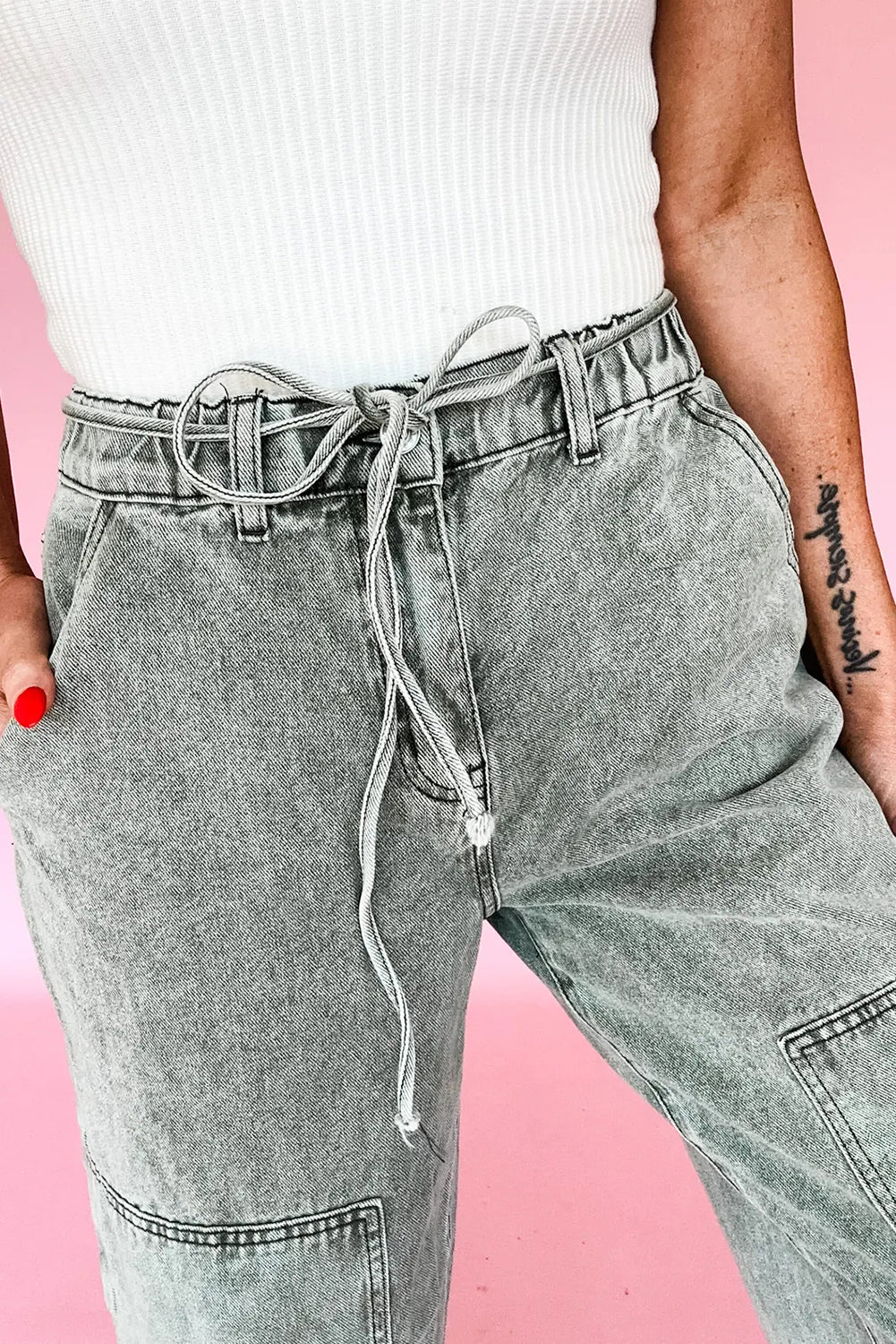 Gray Acid Wash Barrel Fit Denim Pants with Waist String