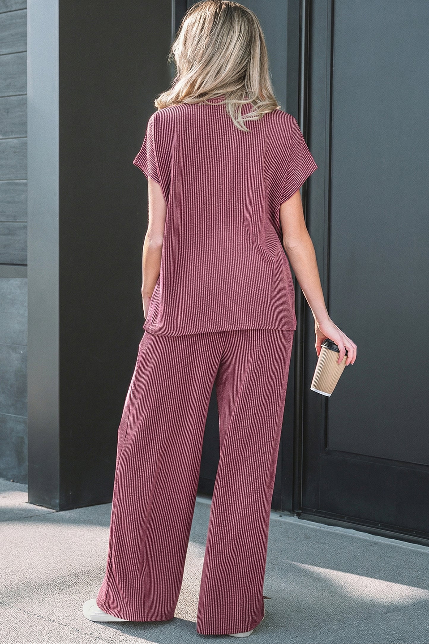 Burgundy Twisted Ribbed High Neck Loose Tee Elastic High Waist Loose Pant Set