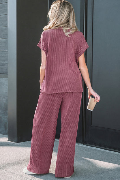 Burgundy Twisted Ribbed High Neck Loose Tee Elastic High Waist Loose Pant Set