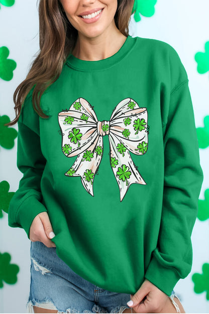 Dark Green St Patricks Clover Bow Printed Drop Shoulder Sweatshirt