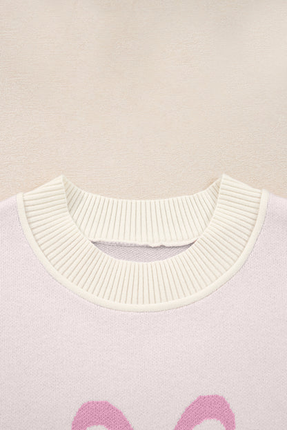Pink Bow Print Exposed Seam Drop Sleeve Sweater
