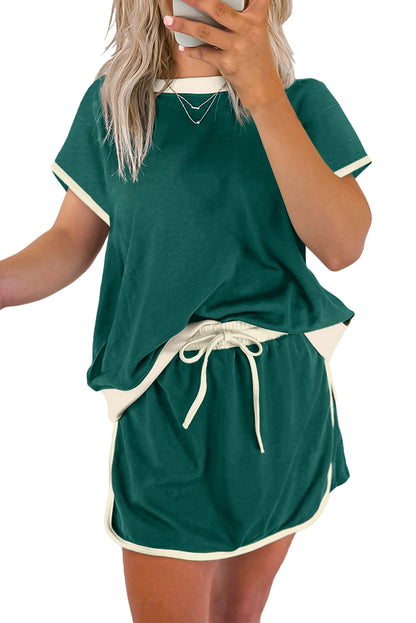 Bonbon Colorblock Edge Drop Shoulder T Shirt and Skort 2Pcs Set
