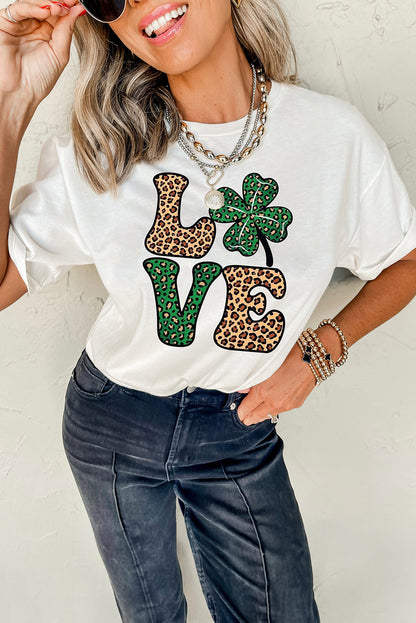 White Cheetah Clover LOVE Graphic St. Patricks Crewneck Tee