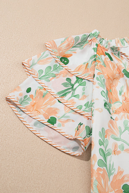 Orange Floral Contrast Edge Layered Short Sleeve Mini Dress